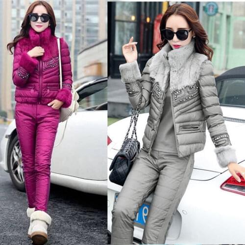 Women 2021 Winter Parka Stitched Real Rabbit Fur Collar Cotton Jacket Coat Pants Suits Female Down Cotton 2 Piece Sets Warm T6