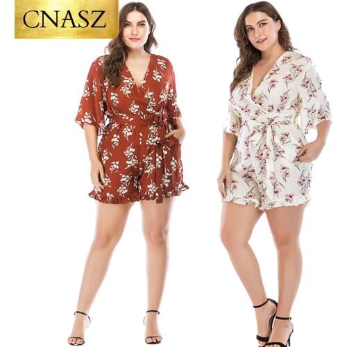 Plus Size Soft Chiffon Blouse Sexy V-neck Flare Mid-length Sleeve Short Jumpsuits Women