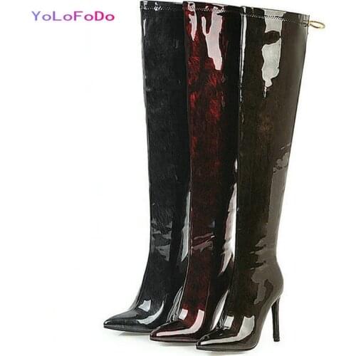 2021 Women Over the Knee Boots Patent PU Leather Women Thin High Heel Boots Sexy Nightclub Ladies Pointed Toe Boots Big Size 43