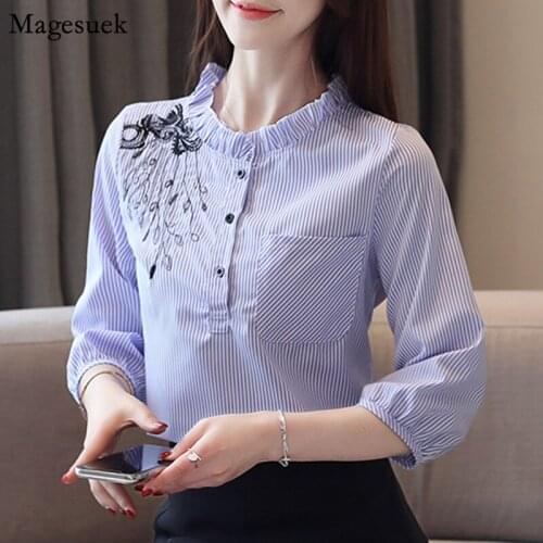 New Embroidery Vintage Women Shirts Blouses O-neck Striped Chiffon Shirt Top Pocket Button Casual Female Tops Blusas Mujer 8148