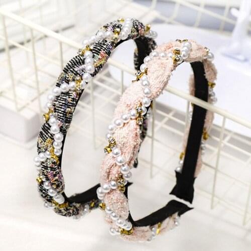 12pcs Fashion Elegant Fabric Wrapped Headband Headdress Female Pearl Hairband European American Rhinestones Hairband