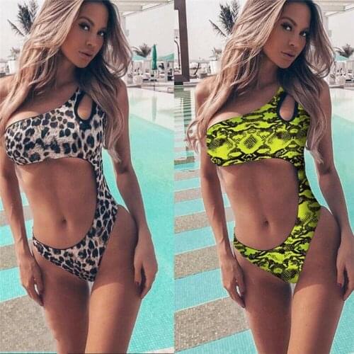 2019 Sexy Women One Shoulder Monokini Push Up 1 Piece Swimsuit Leopard Snakeskin Padded Swimwear Bathing Suit Swimming Beachwear
