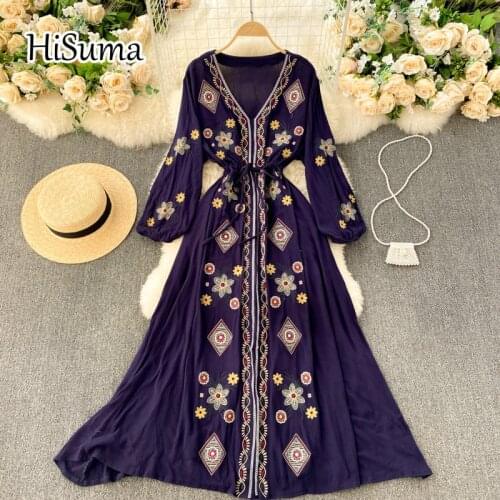2021 spring summer new womens V-neck embroidery cotton and linen A-line dress female lace-up waist vacation Ethnic dresses