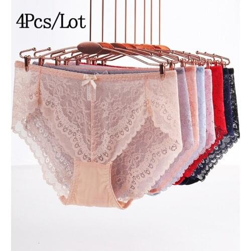 4pcs/lot High Stretch Lace Mesh Women Panties Mid Waist Sexy Transparent Solid Girl Underpants Female Lingerie Ladies Briefs