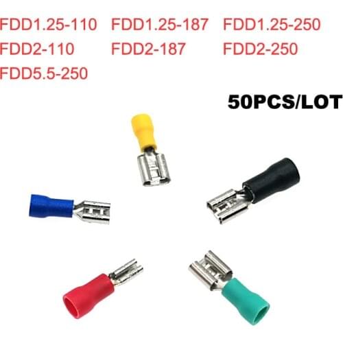 50pcs Female Insulated Crimp Terminals FDD1.25-110~5.5-250 2.8/4.75/6.3mm Electric Wiring Terminales Connector Cable 22-10A.W.G
