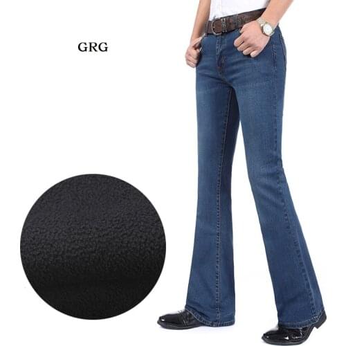 Free Shipping GRG High Quality Men Winter Worm Fleece Blue Boot Cut Jeans Business Casual Flare Pants Mid Waist velvet Trousers
