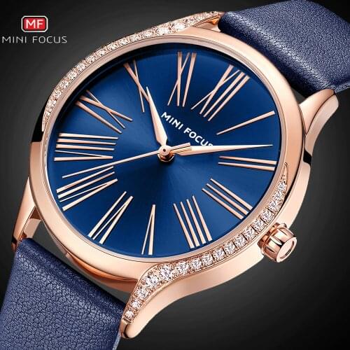 MINIFOCUS Classic Elegant Blue Leather Women Watches Iced Out Quartz Ladies Watch Waterproof Simple Design Fashion Female Clock