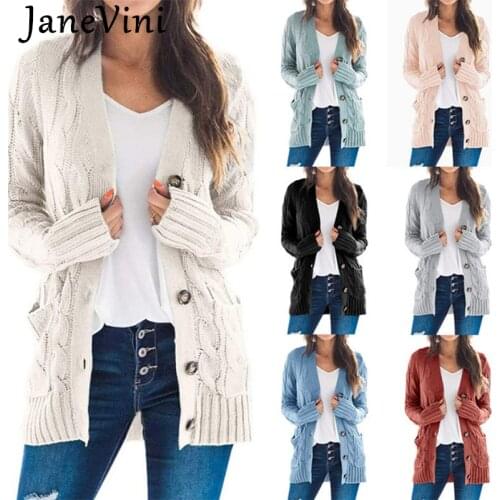 JaneVini Elegant Women Knitted Cardigans Sweater V Neck Solid Loose Coat Long Sleeve Button Outwear Female Winter Jacket Sweater
