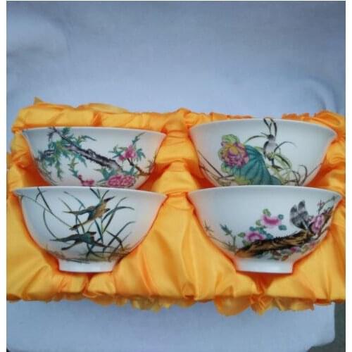 Four beautifully painted flowers and birds collection of Chinese porcelain bowl