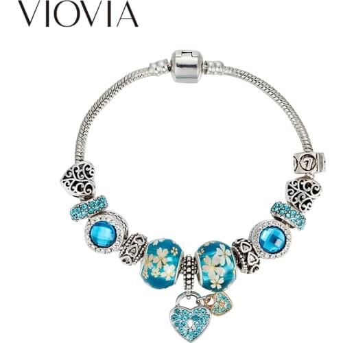 VIOVIA Hot Sale Heart Pendant Charm Bracelet for Women Blue Crystal Beads Bracelets B16071