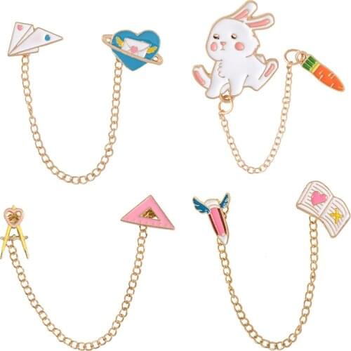 Cartoon Bunny Carrot Metal Enamel Link Brooch Pen Notebook Ruler Compass Paper Airplane Heart Globe Badge Pin Fun Trendy Jewelry