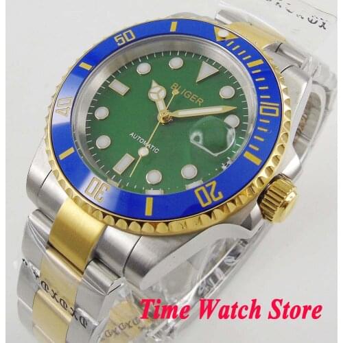 40mm BLIGER GMT 3804 green automatic wrist watch men waterproof gold SS bracelet sapphire glass luminous Ceramic Bezel 155
