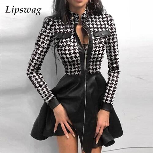 New Casual Autumn Long Sleeve Party Dress Elegant Stand Neck Zipper Metal Button Mini Dress Women Vintage Print Pu Leather Dress