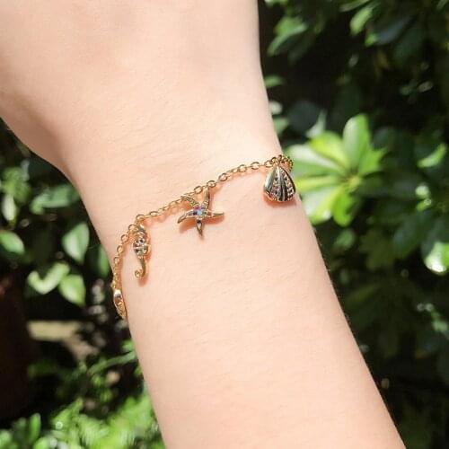 New Hot Bracelets Gold Copper Multicolor Seashell AAA Cubic Zircon Link Chain Bracelet Bangle Wedding Jewelry for Women Gift