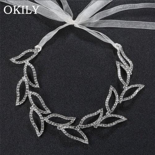 OKILY Simple Alloy Hollow Crystal Leaf Wedding Hair Accessories for Bridal Women Wedding Banquet Headbands Headpiece Jewellry