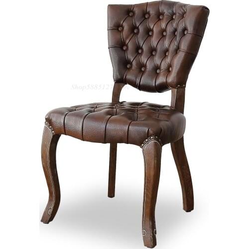 Customized Neo-classical Retro Solid Wood Oak Dining Chair American Country Buckle First Layer Cowhide Soft Bag Cafe Casual Nord