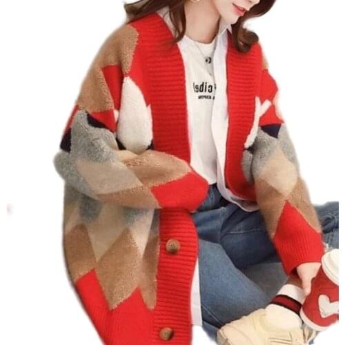 Autumn Winter Sweater Retro V-neck Diamond Striped Women Knit Cardigan Coat Oversized Thick Sweater