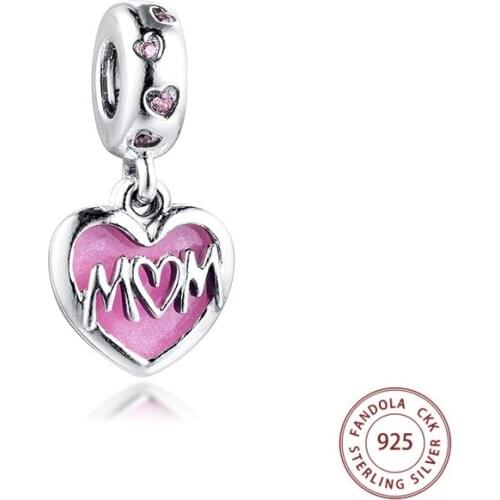 Fits Original Pandora Bracelet 925 Sterling Silver Mom Script Heart Dangle Charms Beads DIY Jewelry Making Charmsy Berloque