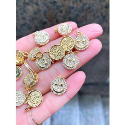 10Pcs Trendy Cute Smiley Gold Plated With Zircon Smaller Pendant Charm For Necklace Making For Girls