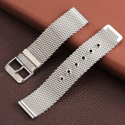 20mm/22mm/24mm Silver Straps Watch Band Mesh Stainless Steel Strap Pin Buckle Mens Watches Replacement Bracelet Bands 6 Holes