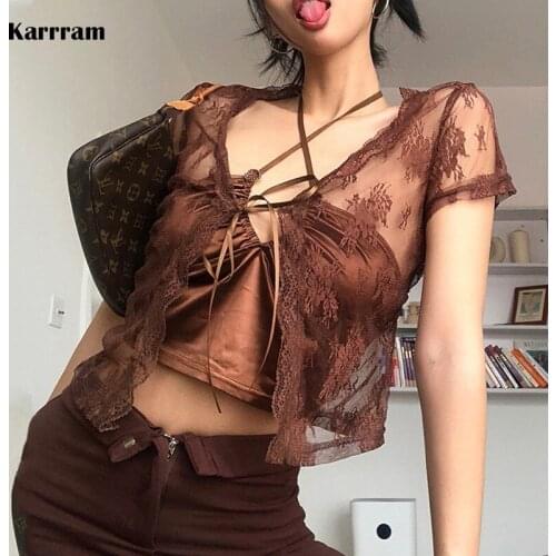 Karrram Sexy See Through Mesh Tops Sheer Translucent Floral Embroidery Crop Top Lace Up V-neck T Shirts Bandage Cardigan E Girl