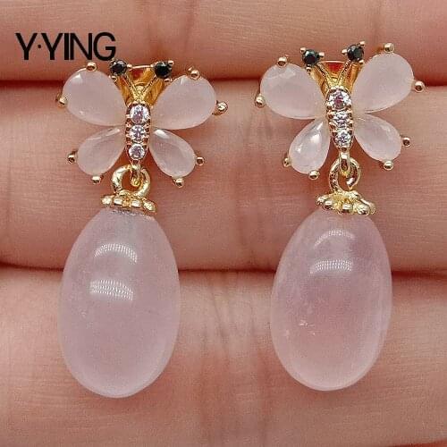 Y·YING Natural teardrop Rose crystral Egg Pink Crystal Butterfly gold color plated Stud Earrings cute style for girl women