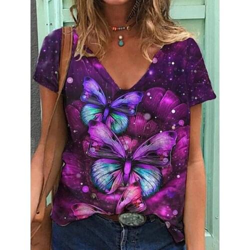New 3D Butterfly Print Women T-Shirts Tops Casual Short Sleeve V-Neck Plus Size T-Shirts Summer Fashion Clothes Loose T-Shirt