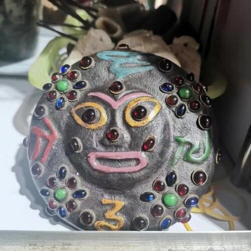 Totem Mask Buddha Statue Guanyin Meteorite Brand inlaid with natural gemstones Antique ornaments Quaint style rare jewelry
