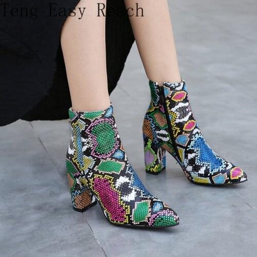 Womens Boots Autumn Colorful Snake Print Block High Heels Womens Boots Ankle Booties Woman Footwear Plus Size Ladies Shoe 34-43