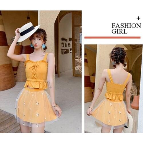 Women Camisole Skirt 2 Pcs Set Ladies Swimsuit Skirt And Solid Color Drawstring Ruffles Vest With Chest Pad