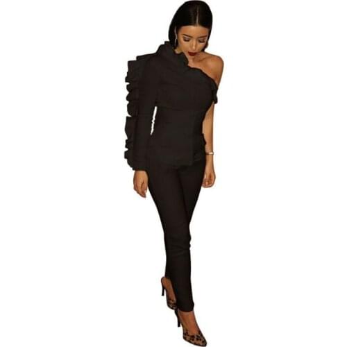 New 2020 Fashion Sexy Women Jumpsuits Black White Polyester Evening Club Bodysuit Rompers falbala 2 Pcs Set women Suits