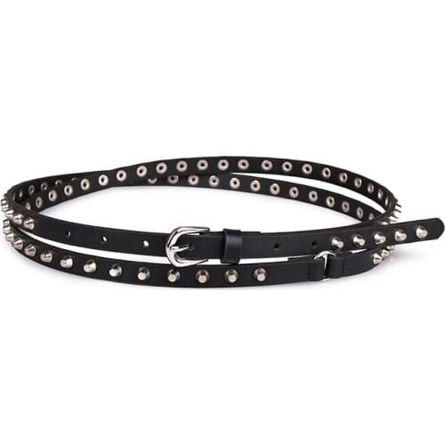 Carved Strap Fine double lap student belt For Womens Thin Girls Casual Belts rivet metal decorative dress BL508