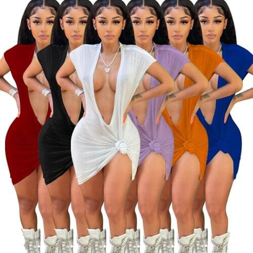 SKMY Women Clothing Solid Color Sleeveless Deep V-Neck Knot Irregular Bodycon Sexy Dresses Party Night Club Dress 2021