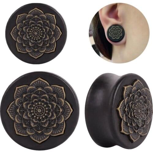 1Pair Wood Flower Ear Plugs Black Plugs and Tunnels Expander Ear Taper Piercing Ear Gauge Body Piercing Jewelry Accessories