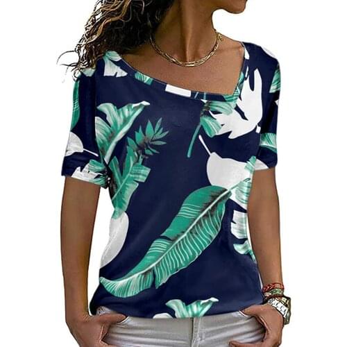 40# Women T-shirts Casual Short-sleeved Printed Loose Fit Beach Style T-shirt Asymmetrical Waistband Summer Top Рубашка Женская