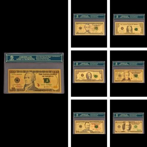 7Pcs/Set USA Money Set Gold Banknote 1/2/5/10/20/50/100 Dollar Money in 99.9% Gold Plated Paper Money For Collection