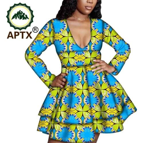 African Women Dress Deep V Collar Long Sleeves Ankara Style Knee Length Batik Pure Cotton Floral Sexy Slim Elegant Party Skirt