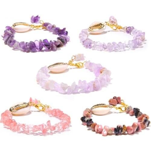 Womens Simple natural Amethysts stone beads bracelet purple quartz Crystal stone Shell charm Chain Bracelets jewelry for ladies