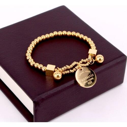 Stainless Steel Ball Beads Bracelet For Women Circle Tag Charm Stretch Strand Bracelet "Fantastic Eternal Love New York" K033