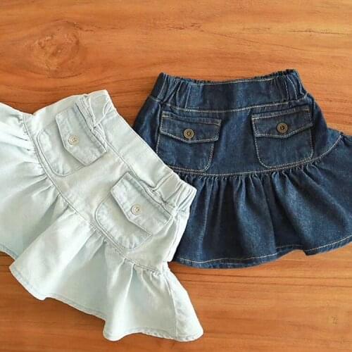 Children 2021 New Summer Korean Style Cotton Short Skirt Girls Fashion Front Pocket Ruffle Mini Skirt