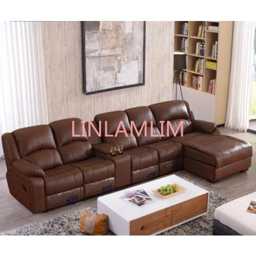 Living room sofa Recliner Sofa, cow Genuine Leather Sofa, Cinema 4 seater+coffee table+chaise sectional L shape home furniture