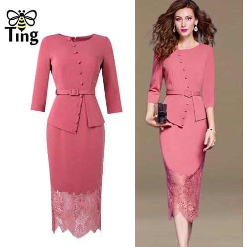 Tingfly Designer Runway Fashion Women Elegant Pink Bodycon Work Midi Long Dress Slim Casual Lace Patchwork Spring Autumn Robes