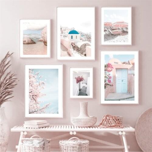 Aegean Building Cherry Blossoms Sea Beach Wall Art Canvas Painting Nordic Posters And Prints Wall Pictures For Living Room Decor