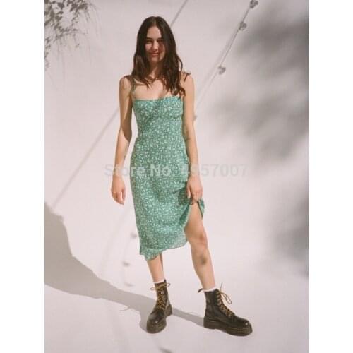 High-end 100% Silk Crepe Green Floral Printed Slip Midi Dress With Mermaid Detail - 2019 Spring Summer Strap Slip Dress