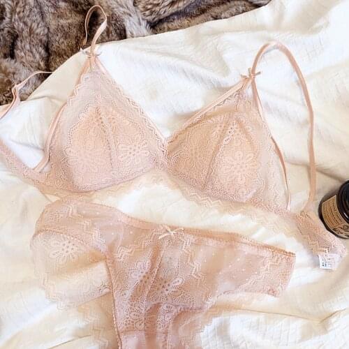 Lace triangle cup front buckle lingerie with briefs set thin plus size women bralette rear double row buckle sexy bra set