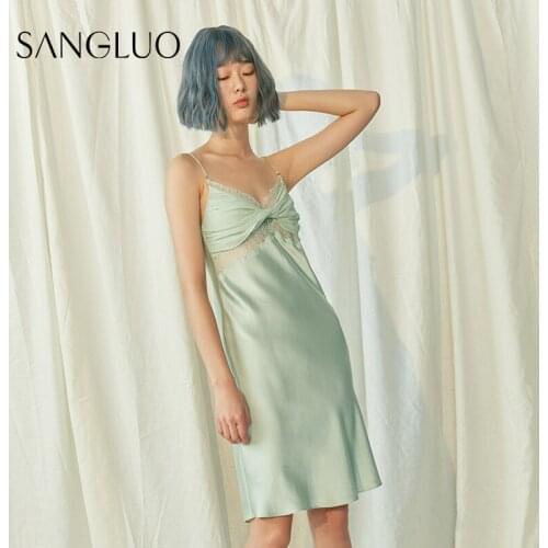 ★Lace hollow out sexy mint green SANGLUO silk pajamas, black and white mulberry silk dress harness nightgown