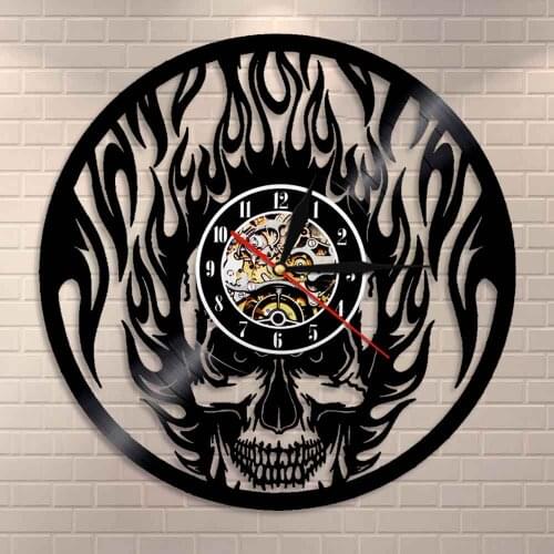 Skull Head On Fire Wall Art Vinyl Record Wall Clock Flaming Skull Wall Clock Fire Burning Skeleton Halloween Decorative Clock
