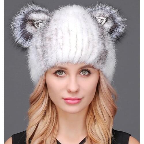 New Womens Cat Ears Fur Hat Women Winter Mink Fur Hat Real Knitted Mink Fur Caps Female Russian Warm Beanies Hat