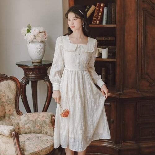 Apricot Cute Kawaii Dresses Chiffon Elegant Jacquard Square Collar Retro Gentle Fairy French Sweet Princess Dress Vestido Midi