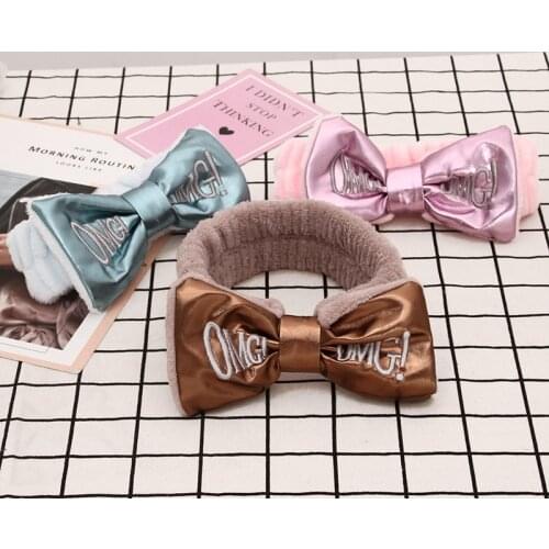 'OMG' Headdress For Women Bow Leather Hair Accessories Make Up Headband Letter Headband Cute Hair Accessories Plush Hair Band